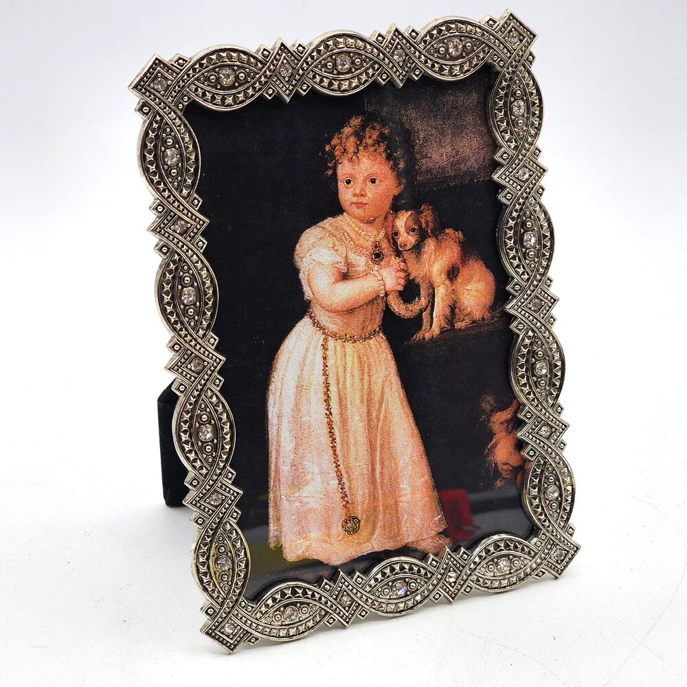 Ornate Silver Jeweled Picture Frame Vintage Style Holds 4x6 Photo